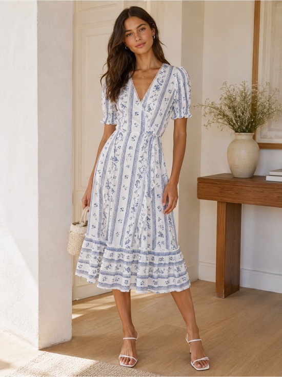 Reformation Dresses & Skirts - • Reformation • Midi Veronika Dress Roquefort Floral Print White & Blue XS